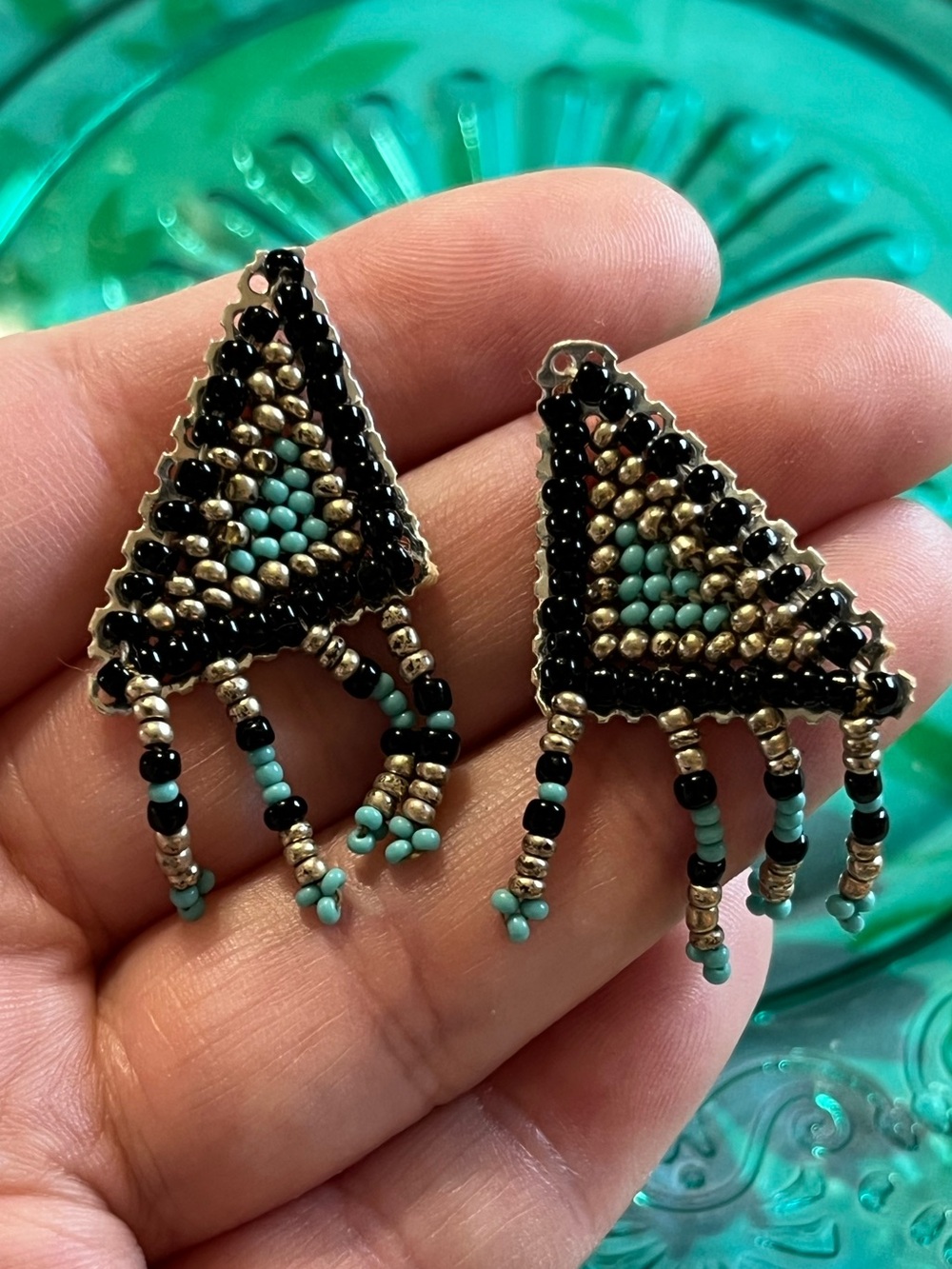 Vintage Navajo Style Black Blue Geometric Beaded Silver Tone Stud Earrings